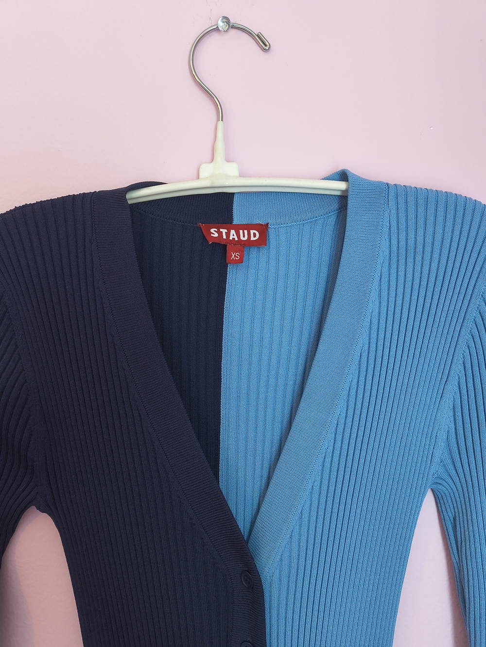 STAUD Shoko Colorblock Ribbed Midi Sweater Dress Navy Clear Blue XS
